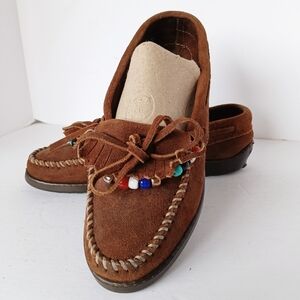 🤎 Minnetonka Beaded Leather Moccasins Brown 6.5 Western Slip On Shoes Fringe